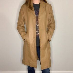 Camel brown long leather jacket